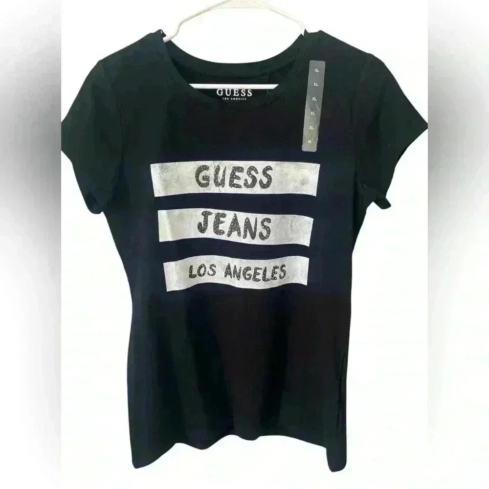 GUESS LOGO Tee Women’s Size XL Black Rhinestone Y2K Preppy New With Tag